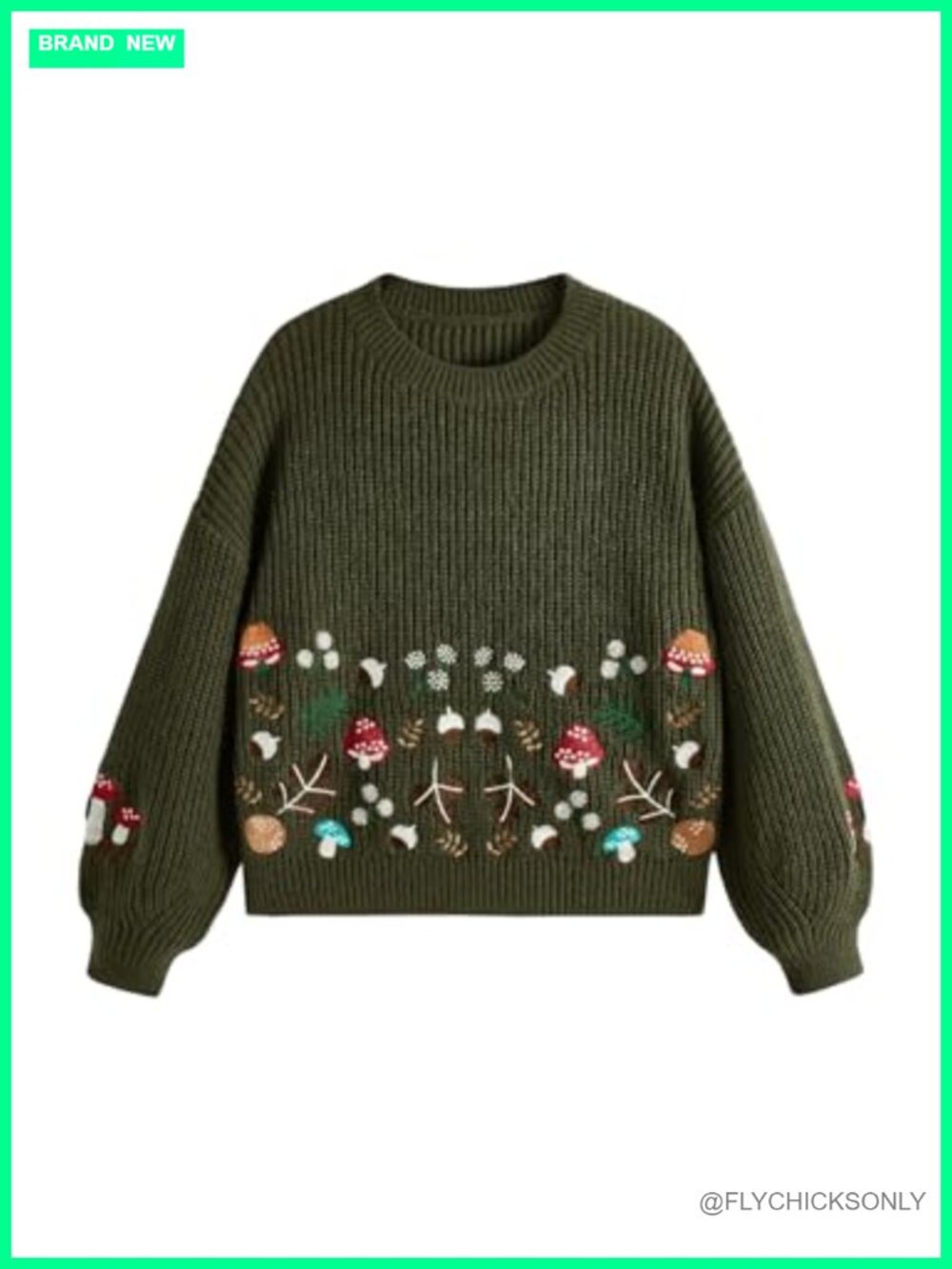 Oversized Mushroom Embroidered Chunky Knit Sweater Pullover Crew Neck